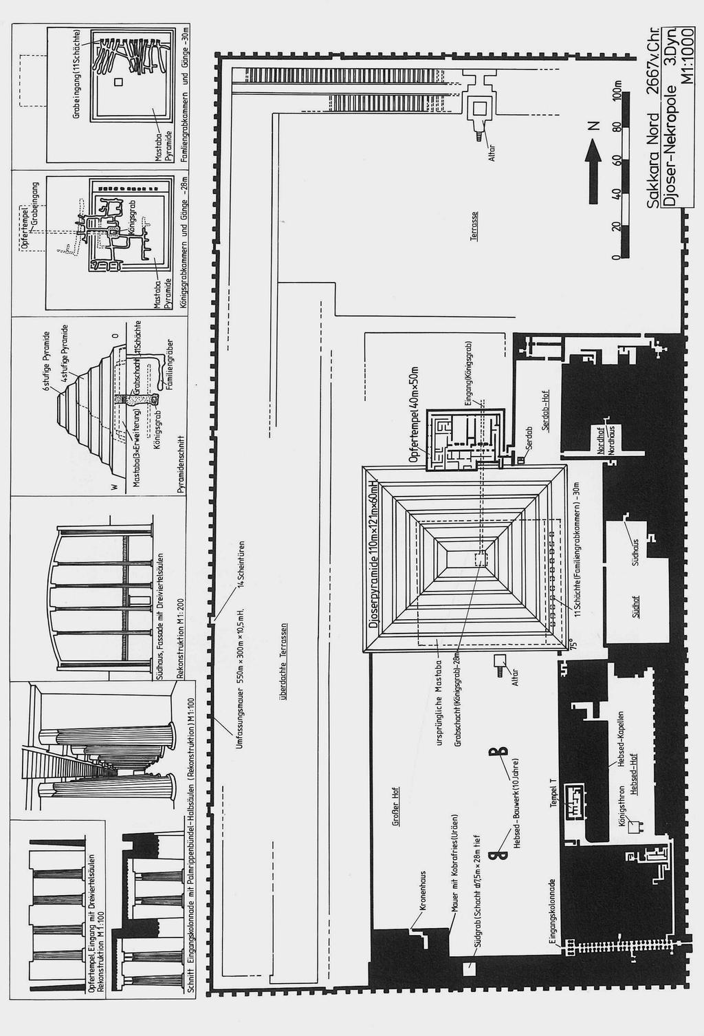 Die Mastaba wurde dreimal vergrößert. Erst über diesem erweiterten Bau entstand eine vierstufige Pyramide, die später zu einer 60 m hohen sechsstufigen Pyramide vergrößert wurde.