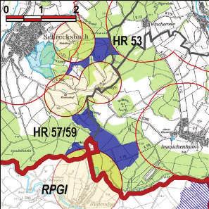 Kennung: HR 57/59 Steinküppel/Gleiche Ottrau; Schrecksbach Immichenhain; Schrecksbach Flächengröße Suchraum: 127 ha Vorranggebiet: 122 ha 5.75 m/s bis unter 6.