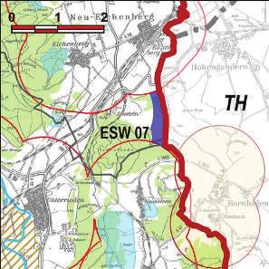 Kennung: ESW 07 Stürzlieder Berg Neu-Eichenberg Eichenberg Flächengröße Suchraum: 48 ha Vorranggebiet: 28 ha 5.75 m/s bis unter 6.
