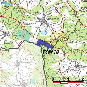 Kennung: ESW 32 Eisberg Hessisch Lichtenau, Waldkappel Reichenbach, Hetzerode Flächengröße Suchraum: 39 ha Vorranggebiet: 37 ha 5.75 m/s bis unter 6.