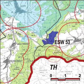 Kennung: ESW 53 Hasengarten Herleshausen; Sontra Holzhausen, Unhausen; Blankenbach, Ulfen Flächengröße Suchraum: 57 ha Vorranggebiet: 56 ha 5.75 m/s bis unter 6.