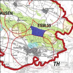 Kennung: ESW 55 Siegelshof Herleshausen Frauenborn, Willershausen, Herleshausen Flächengröße Suchraum: 186 ha Vorranggebiet: 67 ha 5.75 m/s bis unter 6.