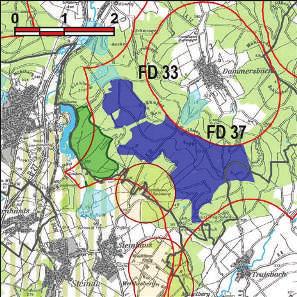 Kennung: FD 37 Rotlöwenkuppe Hünfeld; Hofbieber Dammersbach; Traisbach Flächengröße Suchraum: 328 ha Vorranggebiet: 237 ha 5,75 m/s bis unter 6,50 m/s reine Waldfläche im Vorland der Rhön; 3 WEA am