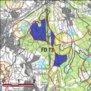 Kennung: FD 73 Nußbach und Bernleite Kalbach; Neuhof Niederkalbach; Hattenhof, Neuhof Flächengröße Suchraum: 706 ha Vorranggebiet: 179 ha 5,75 m/s bis unter 6,25 m/s reine Waldfläche in drei
