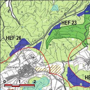 Kennung: HEF 26 Stangenrück / an der A4 Friedewald; Ronshausen Friedewald; Ronshausen Flächengröße Suchraum: 74 ha Vorranggebiet: 72 ha 5.75 m/s bis unter 6.