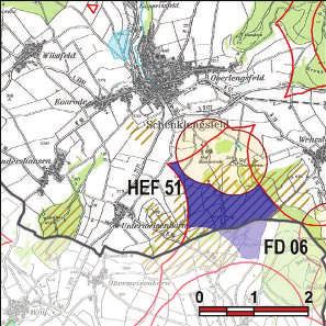 Kennung: HEF 51 Eichberg Schenklengsfeld Schenklengsfeld, Wehrshausen, Unterweisenborn Flächengröße Suchraum: 239 ha Vorranggebiet: 111 ha 5.75 m/s bis unter 6.