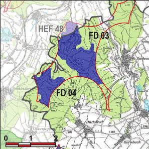 Kennung: FD 04 Mahnberg Eiterfeld Buchenau Flächengröße Suchraum: 87 ha Vorranggebiet: 87 ha 5,75 m/s bis unter 6,50 m/s reine Waldfläche an der Kreisgrenze zum Lkr.