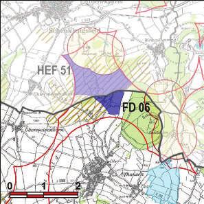 Kennung: FD 06 Hufeliede Eiterfeld Ufhausen Flächengröße Suchraum: 449 ha Vorranggebiet: 37 ha 5,75 m/s bis unter 6,25 m/s reine Offenlandfläche in direkter Nachbarschaft zum bestehenden Windpark