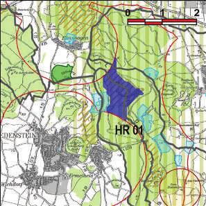 Kennung: HR 01 Schwengeberg Edermünde; Gudensberg; Baunatal Besse; Gudensberg; Großenritte Flächengröße Suchraum: 98 ha Vorranggebiet: 96 ha 5.75 m/s bis unter 6.