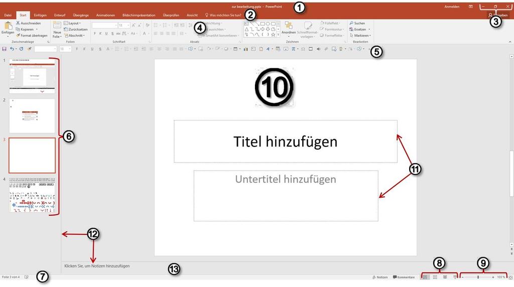 Das Anwendungsfenster von PowerPoint Abbildung 3 - Das Anwendungsfenster von PowerPoint Die Darstellung des Anwendungsfensters kann abhängig von der Bildschirmauflösung vom hier gezeigten Beispiel