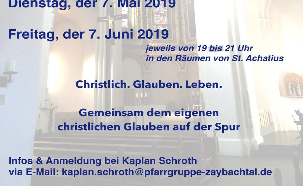 Wasser/Saft und Knabbereien im Gemeindezentrum St. Bernhard statt. Dienstag, 5. Februar 19.30 Uhr Sitzung des Pfarrgemeinderates in St. Bernhard Mittwoch, 6.