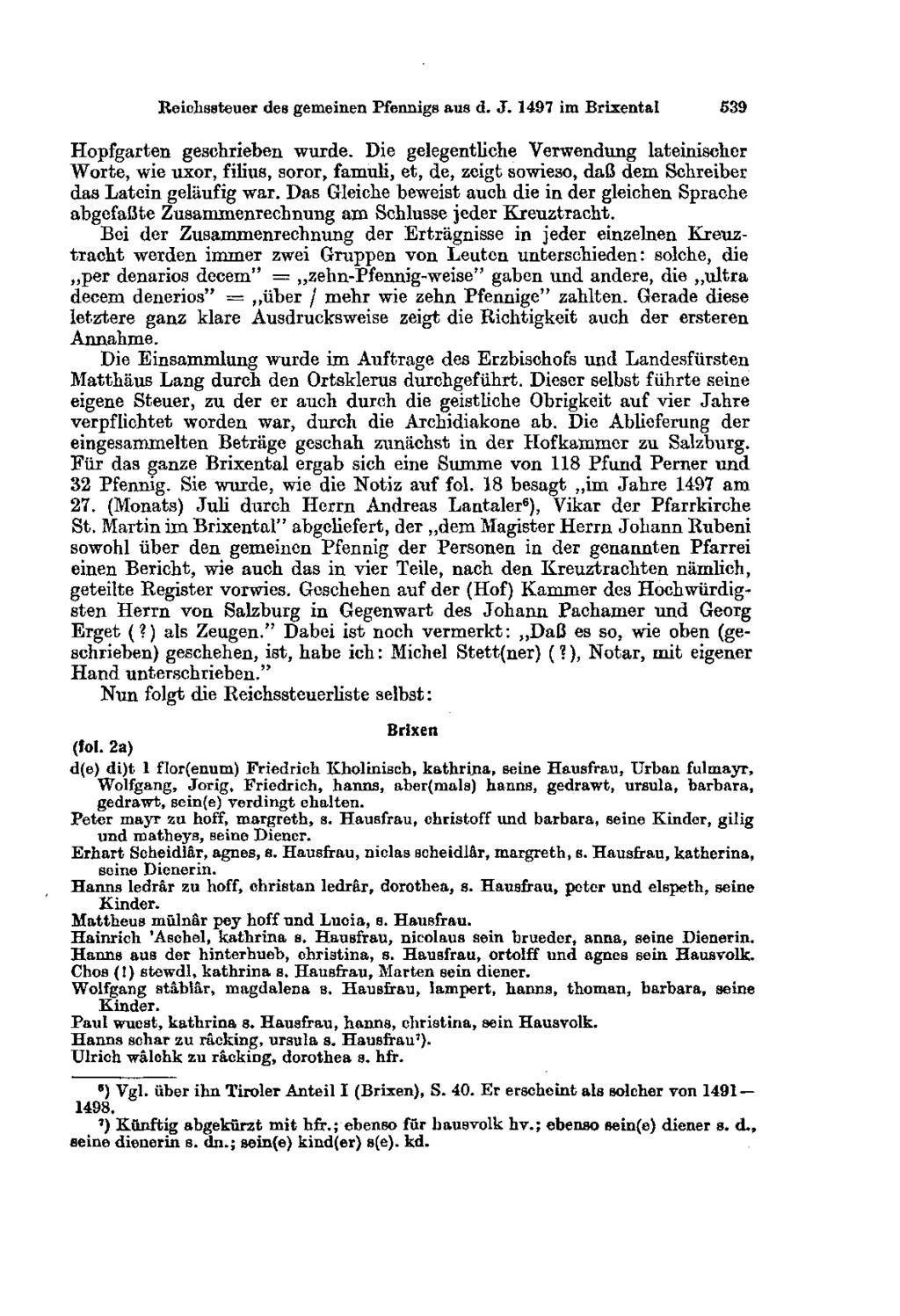 Reichssteuer des gemeinen Pfennigs aus d. J. 1497 im Brixental 539 Hopfgarten geschrieben wurde.