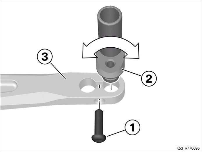 Schraube (1) lösen. Höhe durch drehen an Trittstück (2) einstellen. Schraube (1) festziehen. Trittstück an Fußhebel M6 x 20 oder, smittel (Loctite 243, mittelfest) 10 Nm Schraube (1) ausbauen.