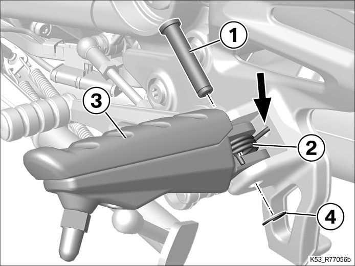 Schraube (1) einbauen Trittstück an Fußhebel M6 x 20 oder, smittel (Loctite 243, mittelfest) 10 Nm (-) Fußraste links ausbauen Sicherungsscheibe (1) ausbauen und aufbewahren (wird wieder verbaut).