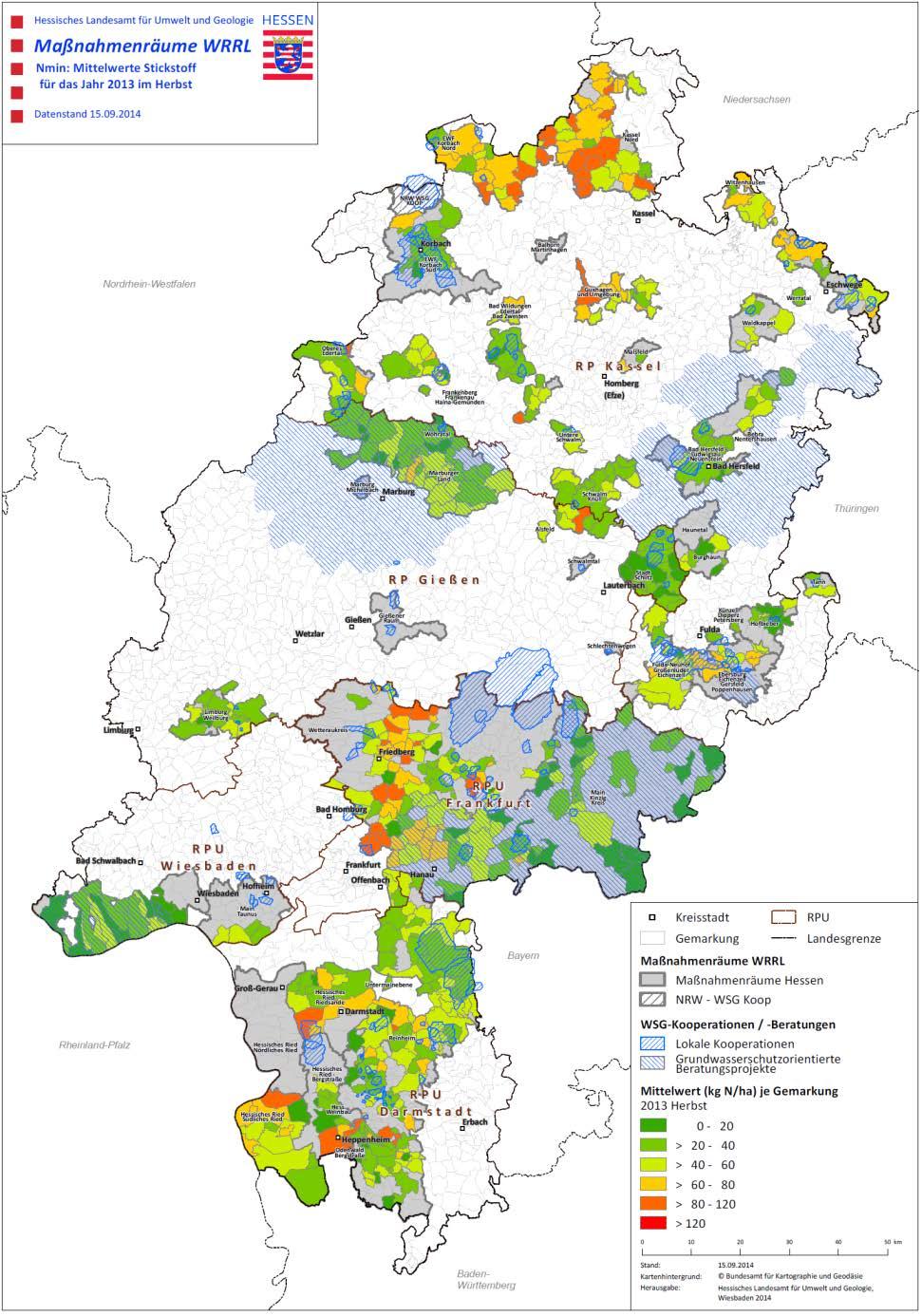 Mittlere N min -Gehalte (kg/ha) bezogen auf die Gemarkungen Herbst 2013 / Frühjahr 2014 Regionalisierte Nitratkonzentrationen