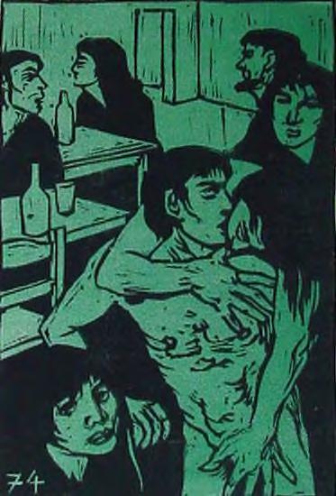 Februar 2018 1974 74-072-XE Titel: Kneipenszene, Gruppe mit sieben Personen, vorne nacktes Paar umschlungen Linolschnitt