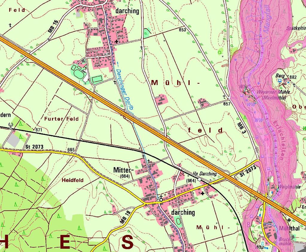 Abb. 2: FFH-Gebiet DE 8136-371 Mangfalltal (magenta), Maßstab ca. 1 : 20.000, mit Verortung des Plangebiets (schwarz gestrichelt) (Quelle: Geobasisdaten der Bayerischen Vermessungsverwaltung) 3.