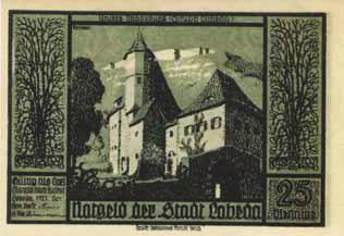 Burgruine mit Umschrift Vorderseite: Text: Auf den Bergen die Burgen ; Bildmotiv: Palasfenster der Lobdeburg, Bildleisten: je ein