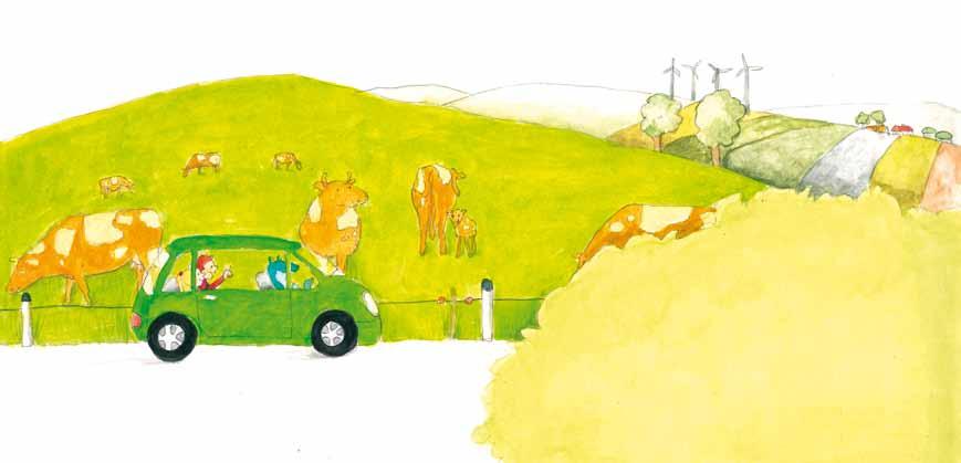 Seht nur! Dort drüben sind Kühe!, ruft Thomas. Loomi verringert die Geschwindigkeit und langsam rollt der Wagen an den Kühen vorbei.