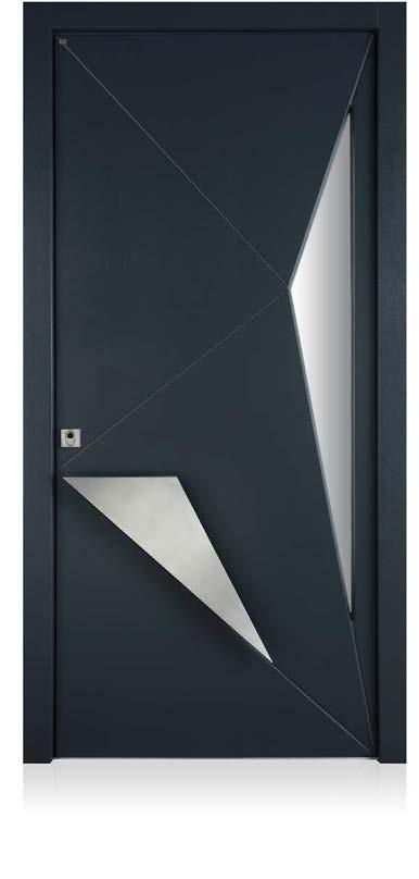 9 in Edelstahl. Concept 1-305 Holzart Meranti select, Farbe RAL 7011 Eisengrau deckend. Zwei Glasfelder mit Wärmeschutzglas als Sicherheits-Stufenglas in Parsol grau.