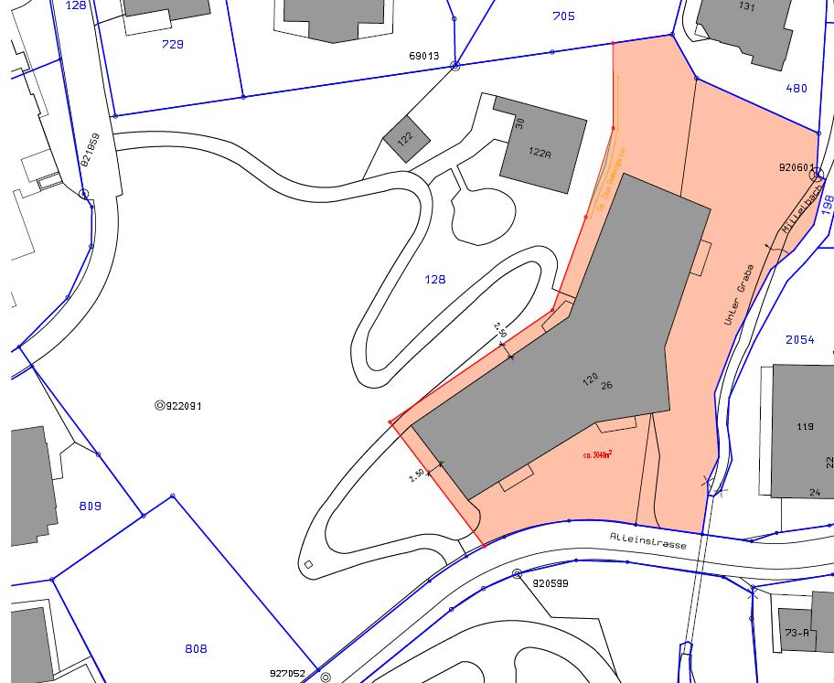 Abb. 2. Das Gebäude Alterszentrum Arosa und das Grundstück (rot), welche an die zu gründende Dachorganisation übertragen werden.