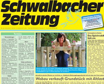 Die Schwalbacher Zeitung wurde 1974 als Bürgerzeitung gegründet. Untersuchungen haben ergeben, dass neun von zehn Schwalbacher das Gelbe Blättchen lesen. Auflage 8.