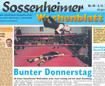 1962 gegründet, ist das Sossenheimer Wochenblatt in dem Frankfurter Stadtteil eine Institution. Im November 2011 wurde das Blättchen komplett neu gestaltet. Auflage 7.