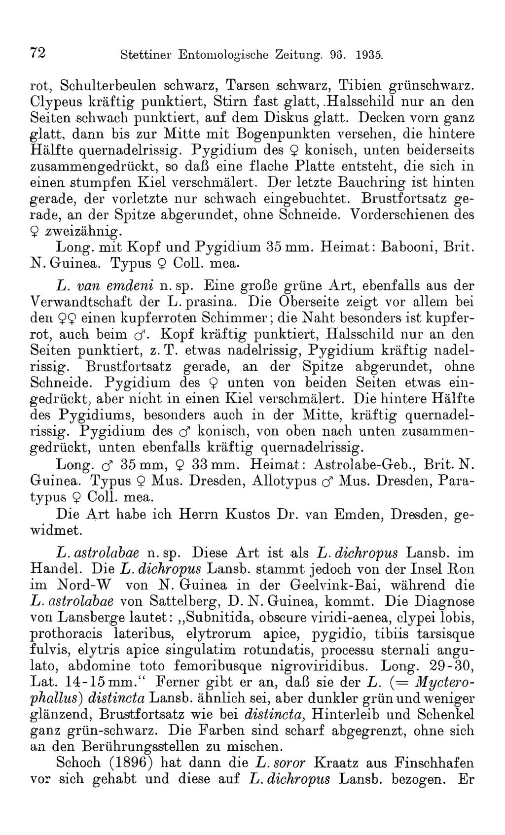 72 Stettiner Entomologische Zeitung. 98. 1935. rot, Schulterbeulen schwarz, Tarsen schwarz, Tibien grünschwarz. Clypeus kräftig punktiert, Stirn fast glatt,.