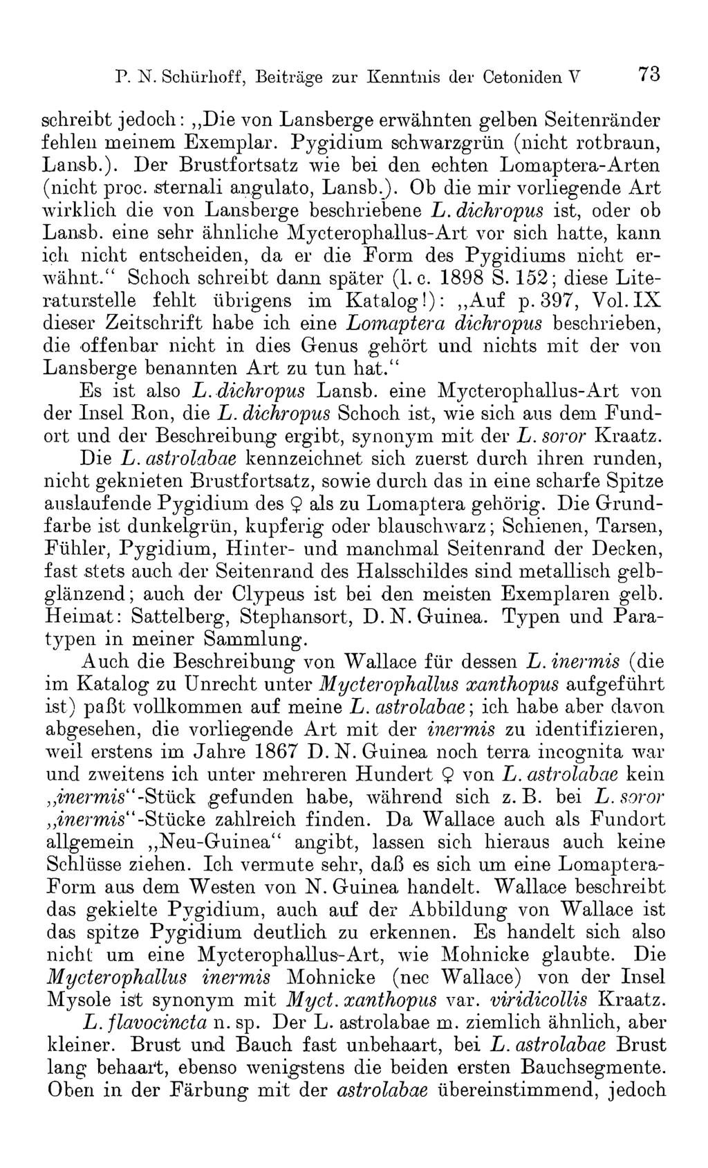 P. N. Schür hoff, Beiträge zur Kenntnis der Cetoniden V 73 schreibt jedoch: Die von Lansberge erwähnten gelben Seitenränder fehlen meinem Exemplar. Pygidium schwarzgrün (nicht rotbraun, Lansb.).