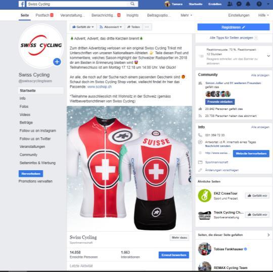 ONLINE SOCIAL MEDIA Unsere Netzwerke vereinen die Online-Community des Schweizer Radsports. Mehr als 40 000 Follower folgen Swiss Cycling auf Facebook, Instagram und Twitter Tendenz steigend.