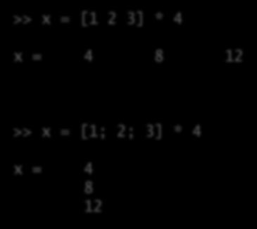 Zeilenvektor >> x = [1 2 3] * 4 x = 4 8 12 Multiplikation von Skalar