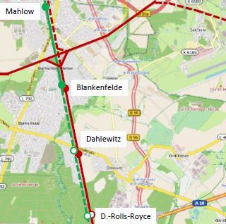 i2030 KORRIDOR BERLIN-DRESDEN/ RANGSDORF Problemstellung u.a.: Prognose: Steigerung Fahrgastnachfrage bis 2030 um vsl. 47% Gewerbegebiet Dahlewitz Rolls-Royce nicht mit SPNV erreichbar Zielstellung u.