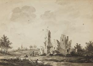 Breenbergh, Bartholomeus (Holland, 1598 1657) (zugeschrieben). Ruinenlandschaft mit Figurenstaffage. Kohle und Aquarell in Grau auf Papier. Verso Sammler-Stempel (nicht bei Lugt).