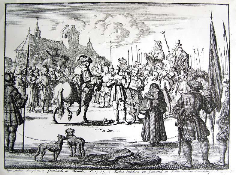 252 232. Schwäbisch Gmünd, Hinrichtung der Täufer am 7. Dezember 1529. Kupferstich des 18. Jahrhunderts, vermutlich aus einer der Ausgaben des Märtyrerspiegels von T. J. van Braght.