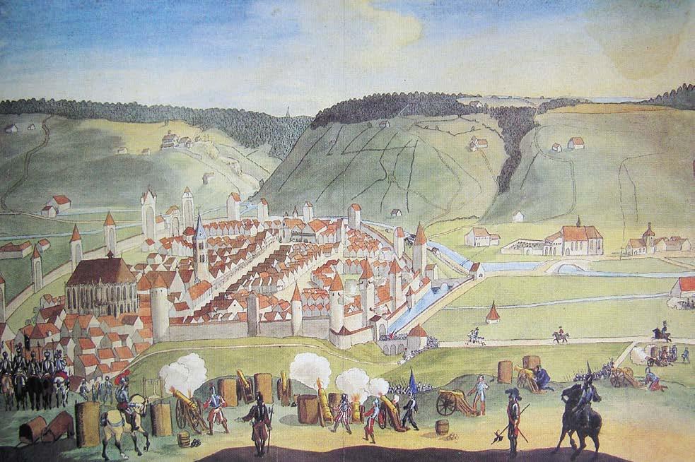 253 233. Schwäbisch Gmünd, Beschießung durch Truppen des Schmalkaldischen Bundes am 26. November 1546. Deckfarbenmalerei aus der 2. Hälfte des 17. Jahrhunderts.