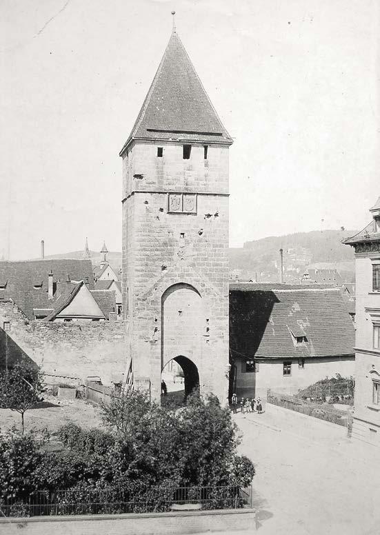 258 234. Schwäbisch Gmünd, Rinderbacher Turm mit Einschusslöchern aus der Zeit der Beschießung im Schmalkaldischen Krieg im Jahr 1546. Aufnahme vor 1960.