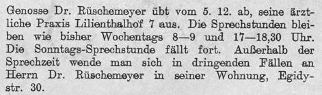 Vorstand und Aufsichtsrat beschlossen daher am 3.10.1929, die Räume Dr. Rüschemeyer als Praxis zur Nutzung zu überlassen.