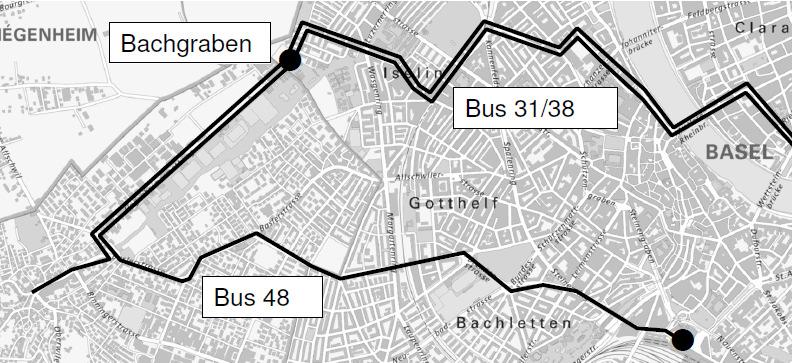 Neu wenden die Busse direkt vor dem Badischen Bahnhof, die bisherige Blockumfahrung via Rosentalstrasse Mattenstrasse entfällt. Diese Massnahme ist Teil der 1.