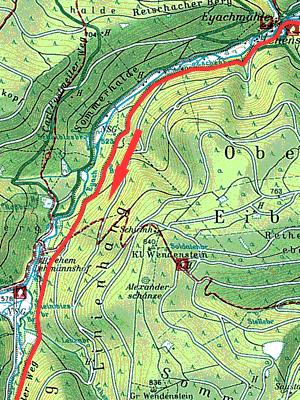 An der Eyachmühle angekommen kann man alternativ auf der rechten Seite die Asphaltstrasse hochfahren bis zum Abzweig Dürreych, ca. 4 km. Hier muss man links Richtung Brotenau/Kaltenbronn.