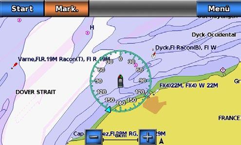 Karten und 3D-Kartenansichten Anzeigen und Konfigurieren von Rosen Sie können auf der Navigations- oder Angelkarte zur Angabe der Kompassrichtung eine Kompassrose um das Schiff anzeigen.