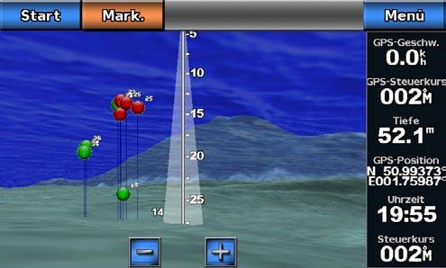 Karten und 3D-Kartenansichten Fish Eye 3D Mithilfe der Tiefenkonturen der Kartografie von BlueChart g2 Vision bietet Fish Eye 3D eine Unterwasseransicht des Meeres- oder Seebodens.