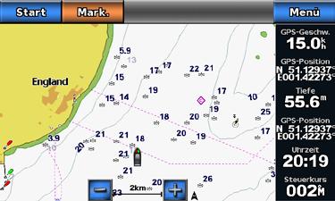 Karten und 3D-Kartenansichten Angelkarte Navigationskarte Die Angelkarte verwendet detaillierte bathymetrische Informationen auf einer mit BlueChart g2 Vision vorinstallierten Datenkarte und ist