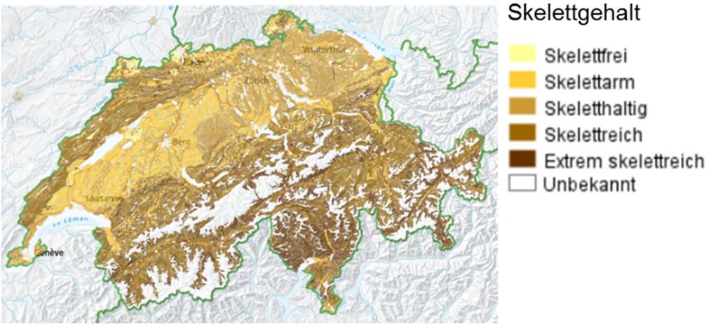 Abbildung 1: Gründigkeit und Skelettgehalt des Bodens in der Schweiz.