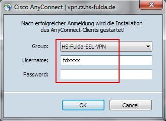(fd-nummer und zugehöriges Passwort) ein und wählen Sie die Gruppe HS-Fulda-SSL-VPN aus.