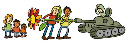 Art. 38 Du hast das Recht auf Schutz im Krieg. Ein zusätzlicher Vertrag bestimmt, dass kein Kind zu aktiver Teilnahme an bewaffneten Konflikten herangezogen werden darf. Art.