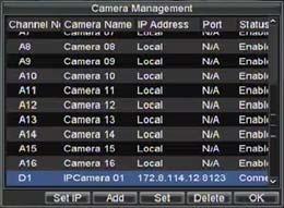 Enter IP camera parameters. This includes the IP address, ports, user name and password of the IP camera. 7. Select OK to save and return to the Camera Management menu. 8.