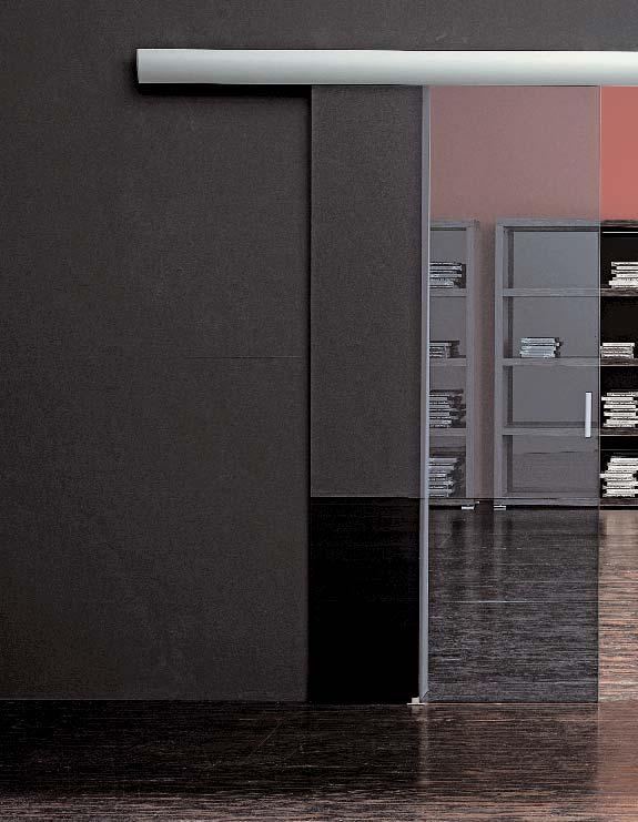 Simplex Doppia porta scorrevole in vetro temperato grey. Binario singolo a parete con copribinario (veletta) in alluminio anodizzato.