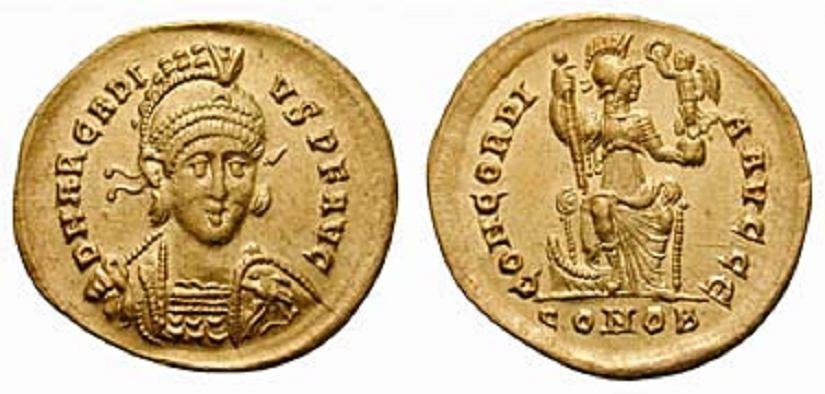 Rv: CONCORDIA AVGGG D // CONOB, Constantinopolis thronend von vorne, Kopf nach rechts, hält Zepter und Schild mit: VOT / V/ MVL / X, den rechten Fuß auf Prora. RIC -. Depeyrot 48/3.