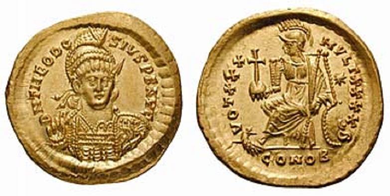: 414 AV Solidus 4,46g Constantinopolis 426 429 Av: DN THEODOSIVS P F AVG, Frontalbüste mit perlendiademiertem Helm, Küraß, Lanze und Schild mit Reiterdarstellung.