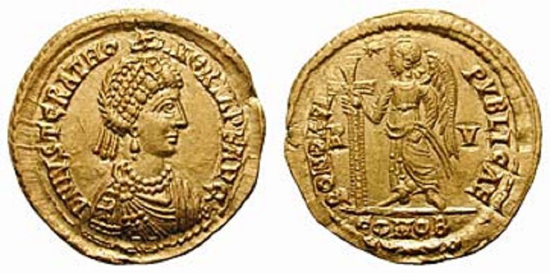 Rv: FELICITER NVBTIIS // COMOB, Hochzeitsszene: in der Mitte Theodosius II., Kaiser hat seine Hände auf die Schultern seines Schwiegersohnes Valentinianus III.
